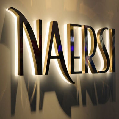 সোনার আয়না ব্যবসার লোগো সাইনজ স্টেইনলেস স্টীল আলোকিত দোকানের সামনের চিহ্ন